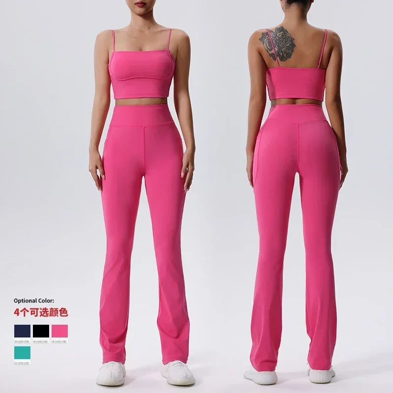 2PCS Sports Yoga Bra Crop Top Flared Leggings Set Fitness Gym Wide Leg Pants Suits Workout Matching Sets for Women Sportwear