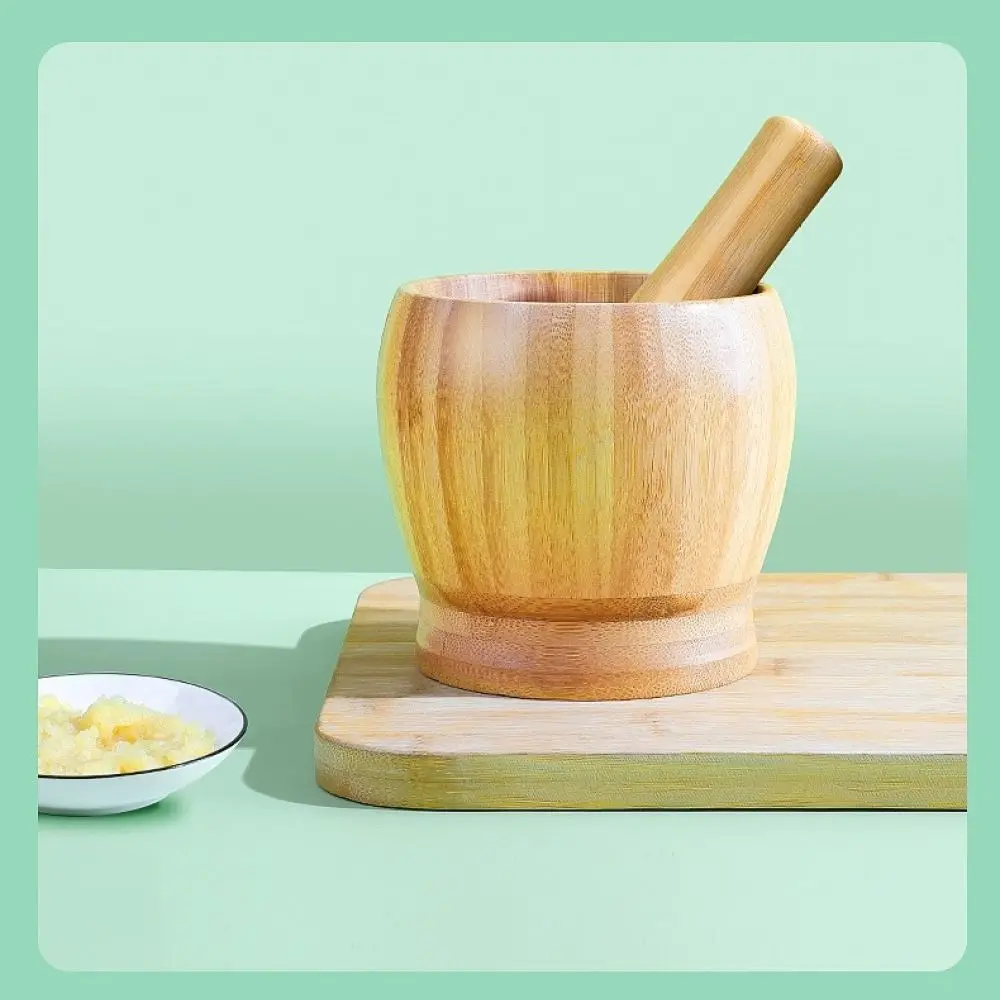 Kitchen Manual Garlic Crusher Natural Bamboo Mortar Pestle Set Herb Spice Grinder Mash Bowl Essential Cooking Tool