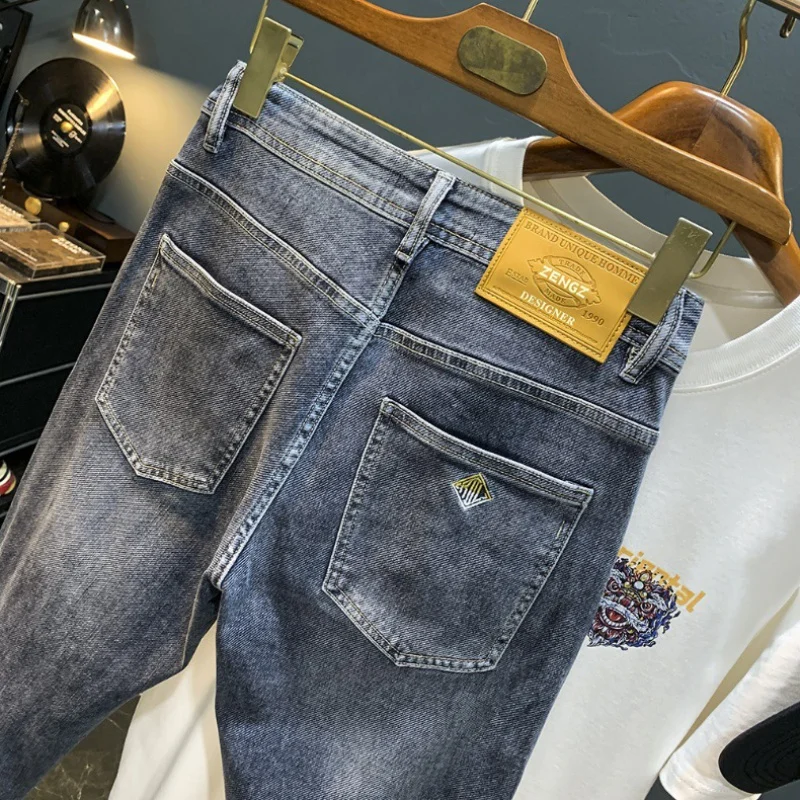 Spring and Autumn Men's Jeans Trendy 2024 New Slim Fit Skinny High-End Embroidery Trendy Brand Blue Pencil Pants Trousers
