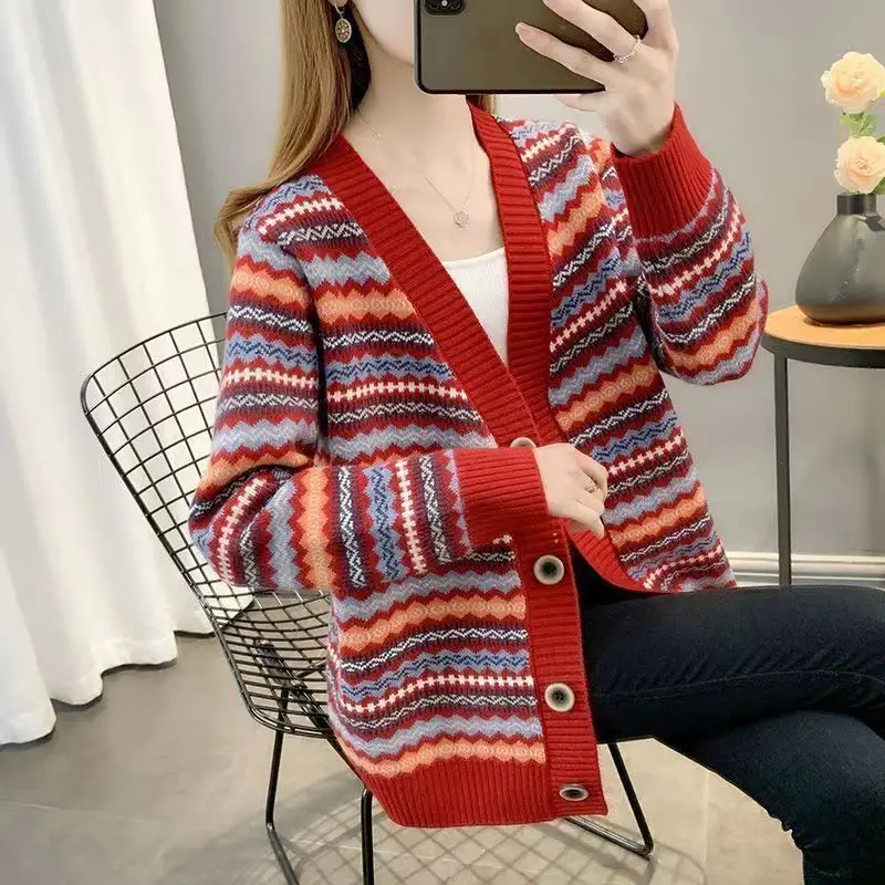 V-neck Striped Knitting Cardigan Coat Women Autumn Winter Fashion Patchwork Long Sleeve Sweater All-match Office Lady Knitwear