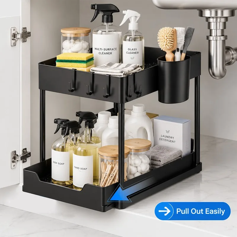 2 Tier Sliding Under Sink Organizer Pull Out Cabinet Storage Shelf Rack with Hooks Hanging Cup for Kitchen Bathroom Laundry Room