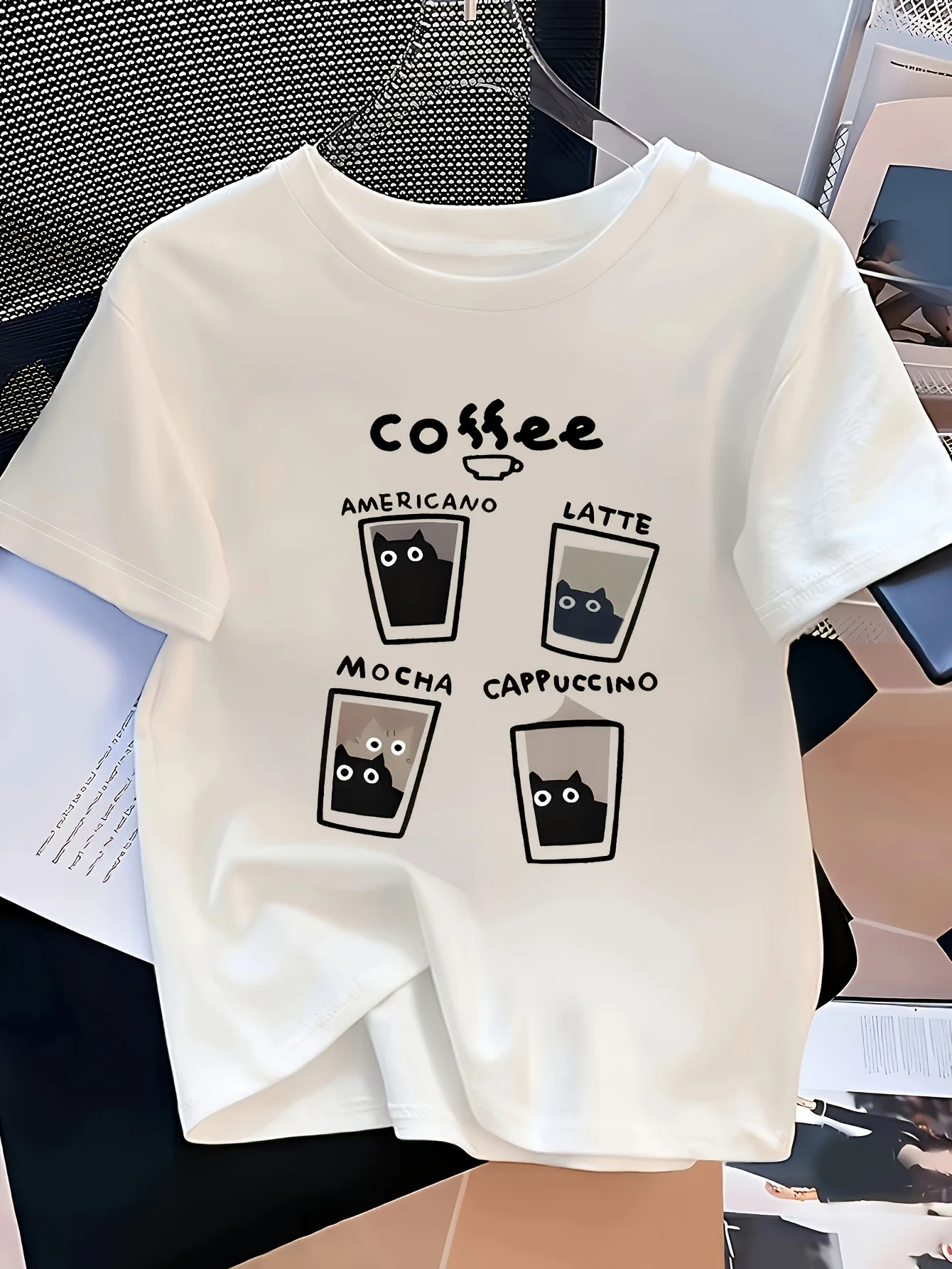 Funny Cute Cat Coffee T-Shirt Americano Latte Mocha Cappuccino Graphic Tee Women Men Unisex Summer Short Sleeve Casual Top