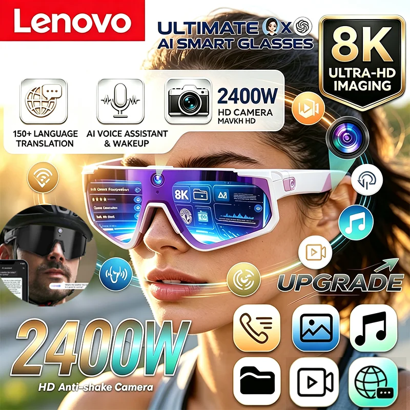 Lenovo ChatGPT 2400w Camera Photo AI Smart Glasses 1080P Video Anti-shake Cycling Sport Sunglasses DualMic 32GB Windproof Goggle