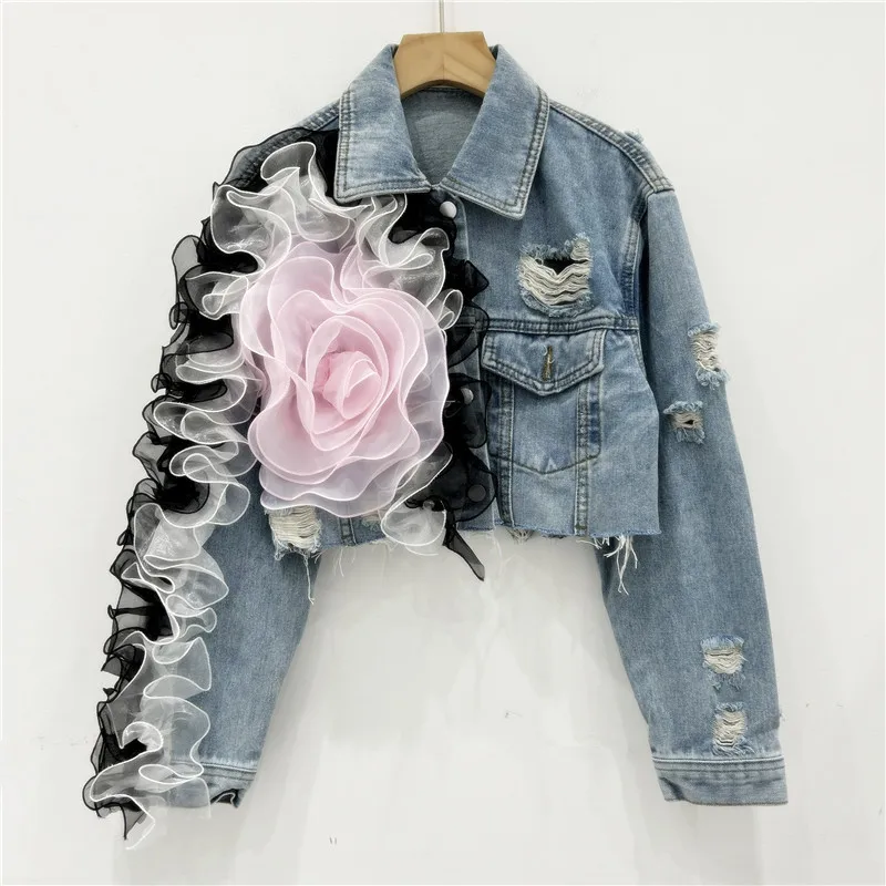 Damen-Jeansjacke mit Löchern, Vintage-Mantel, 3D-Blumen, Einreiher, Umlegekragen, gewaschen, Damen-Oberbekleidung, Streetwear, Frühling 2026