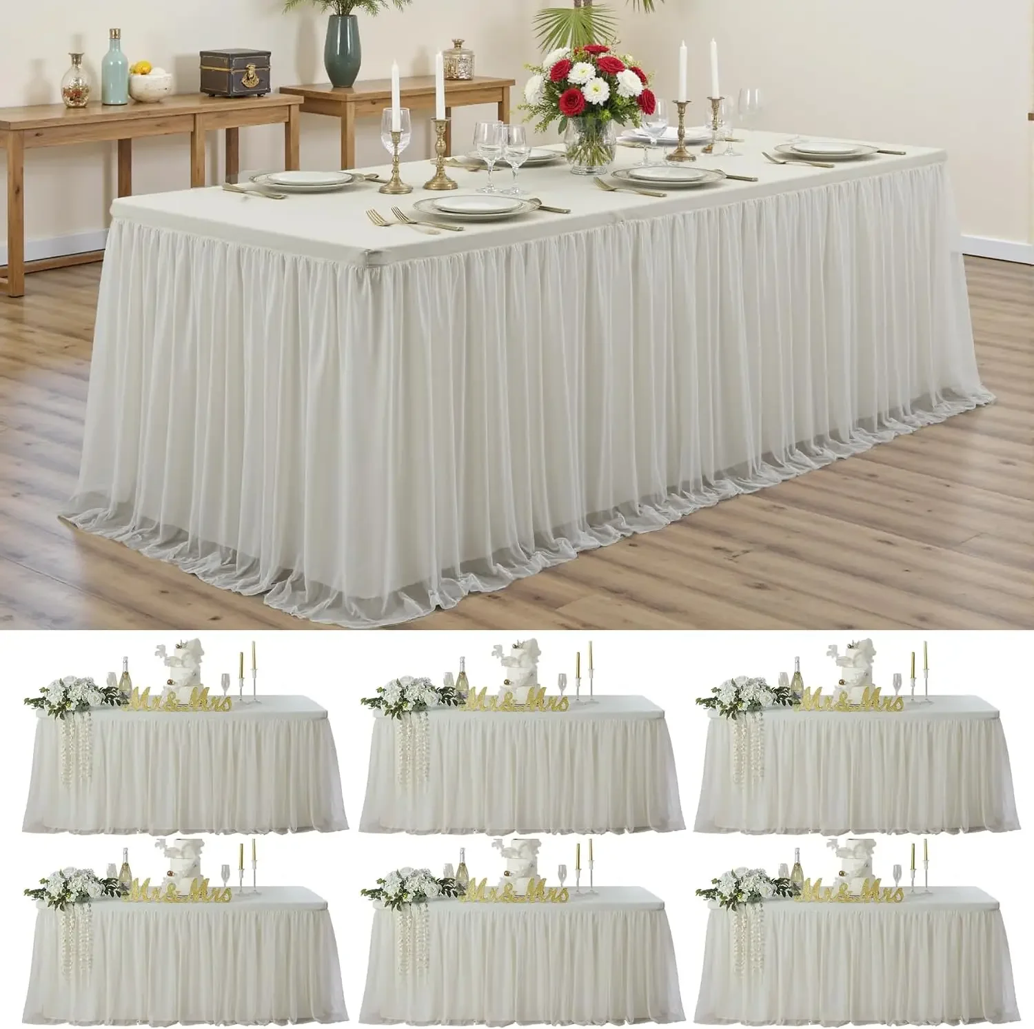 Ivory Tulle Tablecloth for 6 Ft Rectangle Tables 6-Pack, Ideal for Weddings | Double-Layer Table Cover with Tutu Skirt, Wrinkle