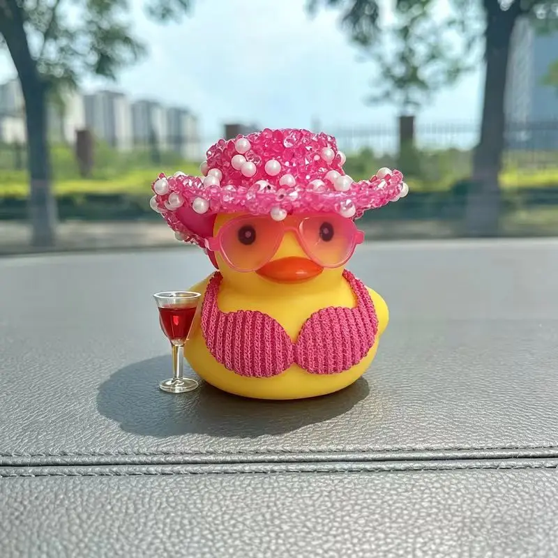 Cute Summer Vacation Car Rubber Duck with Bikini Yellow Duck Decoration Dashboard with Sunglasses for Car Dashboard Decorations