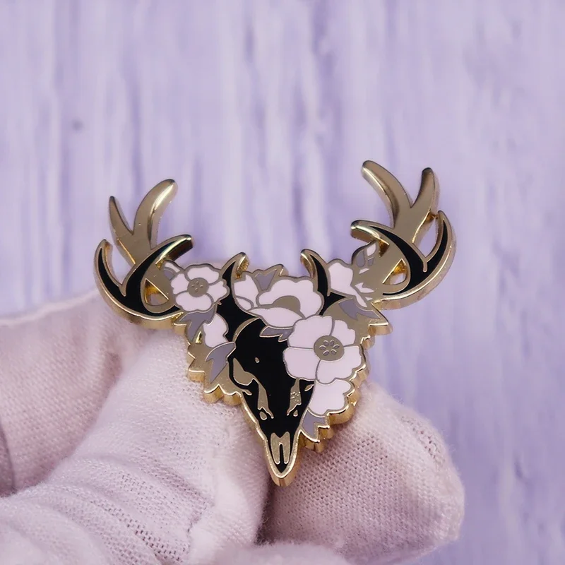 Poppies Deer Enamel Pin Badge Floral Skull Brooch Fashion Art Jewelry Gift