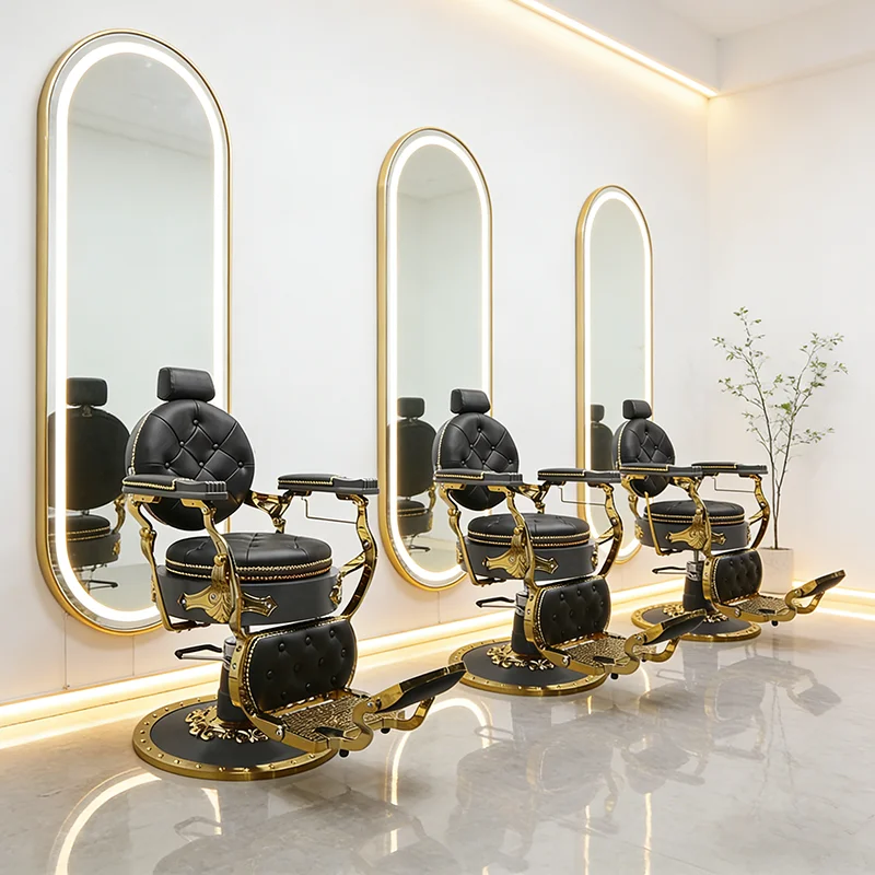 Antique Style Barber Salon Furniture Haircut Styling Chair Luxury Gold Frame Round Base Reclining Barber Chair for Sale