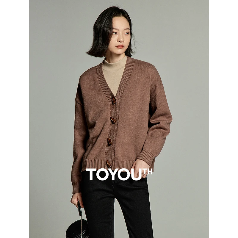 

Toyouth Women Knit Cardigan 2023 Winter Long Sleeve V Neck Loose Sweater Jacket Cow Horn Buckle Vintage Casual Versatile Tops