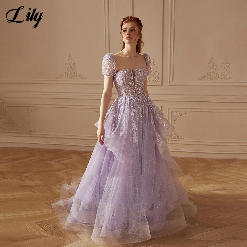 Lily Lilac Tulle Elegant Sexy Wedding Party Dress Sequined Party Dresses Short Sleeves Formal Occasion Dress robes du soir