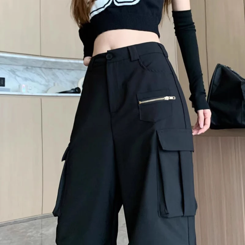 

American Style Vintage Pockets Cargo Pants Women Fashion High Waist Loose Straight Pants 2025 New Casual Wide Leg Cargo Pants