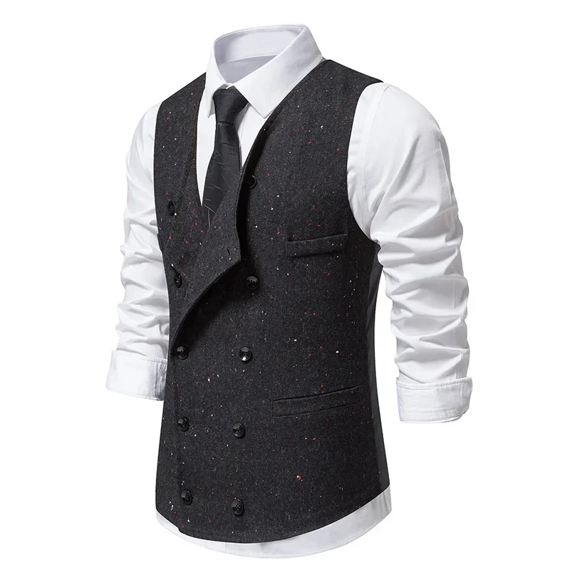 Mens Vintage Lapel Double Breasted Suit Vest Brand Stylish Tweed Wool Blend Vest Waistcoat Men Christmas Party Prom Gilet Homme