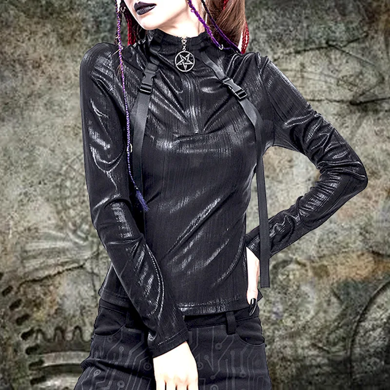 2025 Fashion Punk Gothic Casual Style Strap Women's tight fitting Top Clothes Motorcycle Rock women's Long sleeved T-shirt