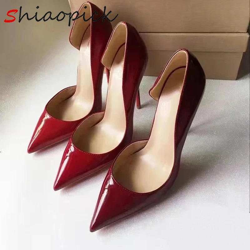 

Classics 12cm Women Pumps Elegant Stilettos Comfortable Wine red Side Cut High Heels Pointed Toe Glossy Celebrity Suit Shoes