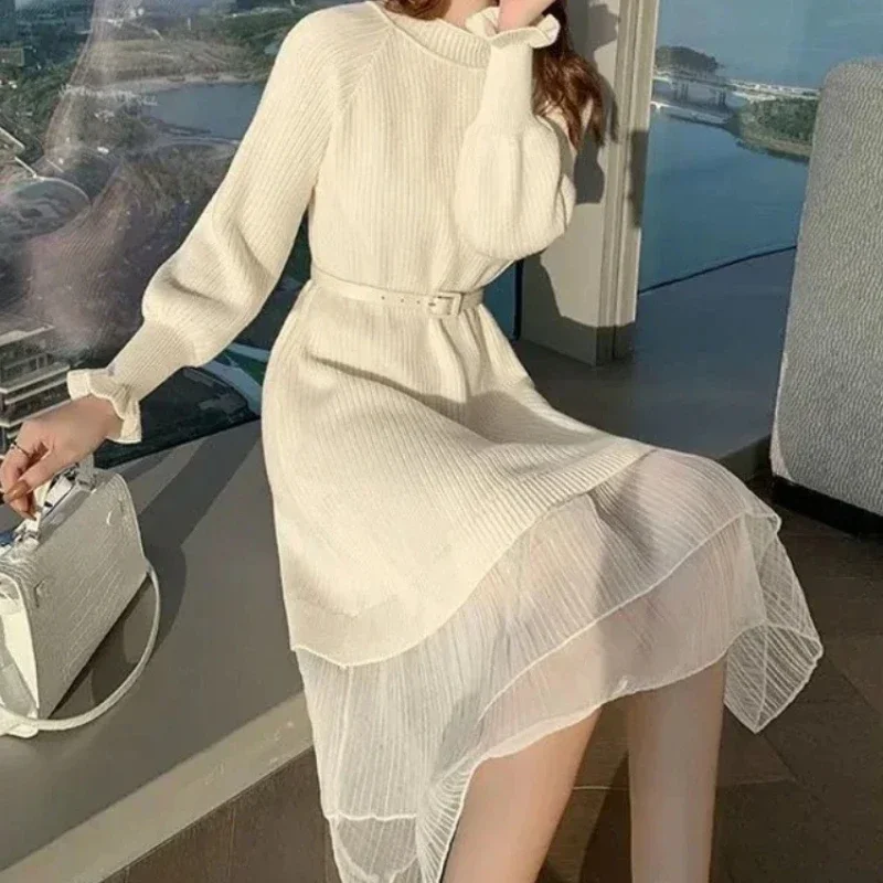 Crochet Dresses for Women Chic and Elegant Pretty Korean Style Woman Knitted Dress A Line Thic Long Sleeve Luxury Trendy Elastic