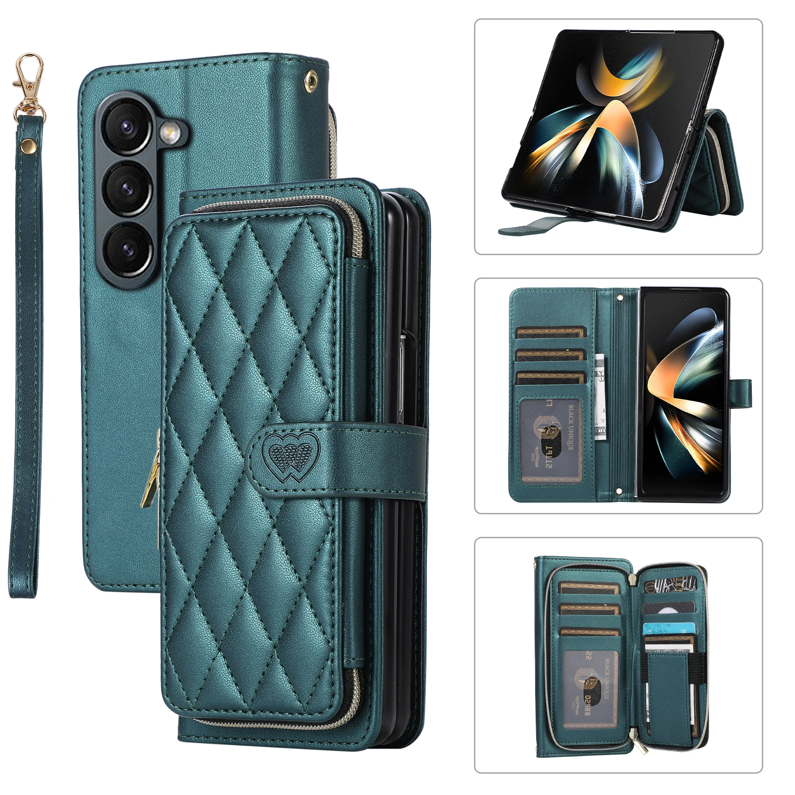 Crossbody Zipper Wallet Case for Samsung Galaxy Z Flip 5 4 3 Leather Wrist Strap 9 Cards Pocket Cover for Samsung Z Fold 5 4 3