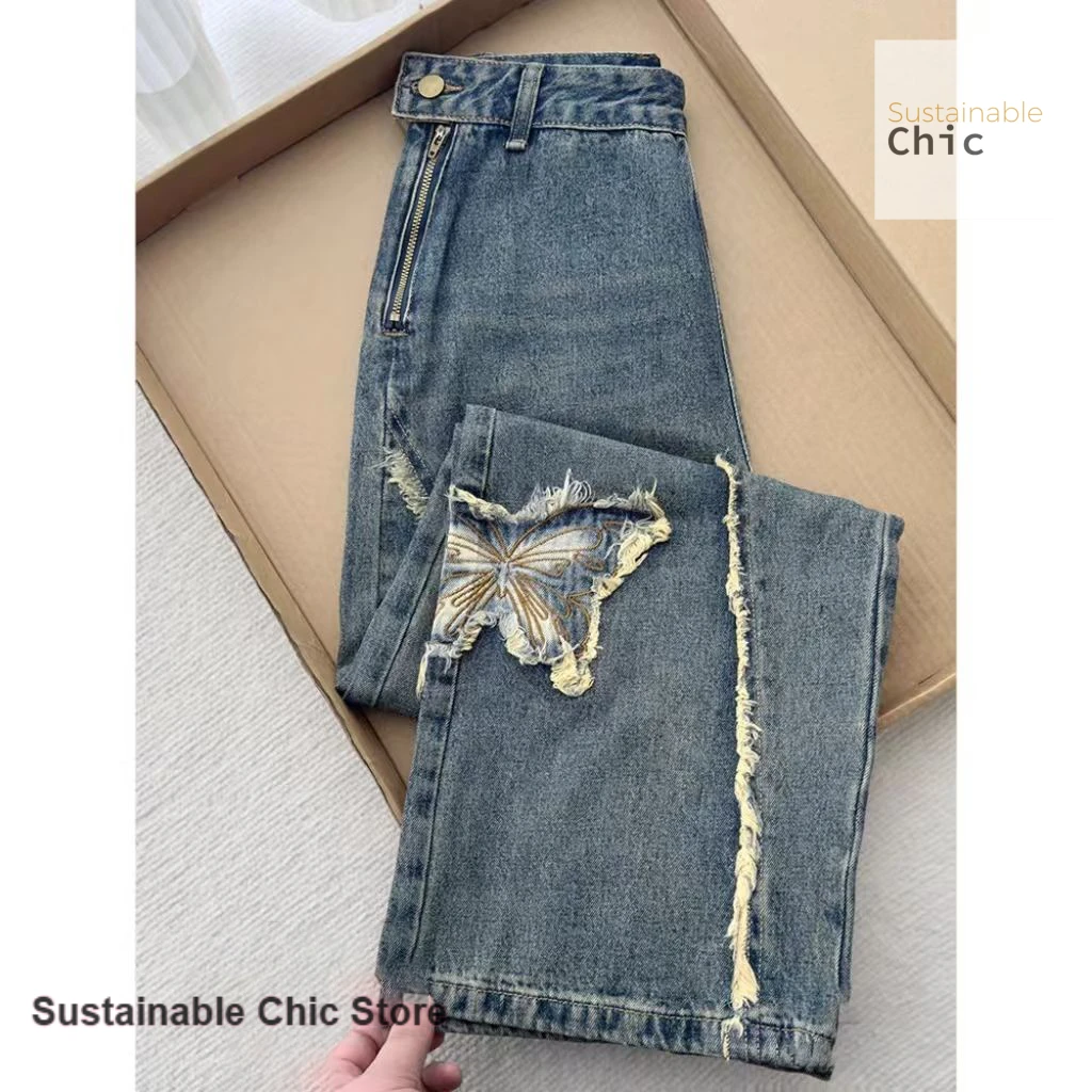 Pantalones vaqueros de pierna ancha bordados con lazo crudo retro americano para mujer Otoño e Invierno nueva moda Spice Girl pantalones de encaje de calle alta.