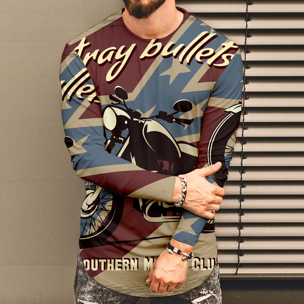 الرجال الربيع والخريف رقيقة موضة الاتجاه إلكتروني طباعة طويلة الأكمام الجولة الرقبة تي شيرت شخصية بلايز الرجال عادية #2