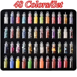 48 Şişe/Set Renkli Tırnak Pul Nail Art Pul Glitter Toz Lehçe Tırnak Çıkartmalar Karışık Tasarım Manikür Dekoral İpuçları Seti