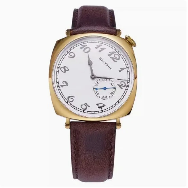 Baltany Men Automatic Watch Pilot 38mm Square Mechaical Wristwatch 50m Waterproof Small Second Dial Sapphire ST1701 ST1700 Gold