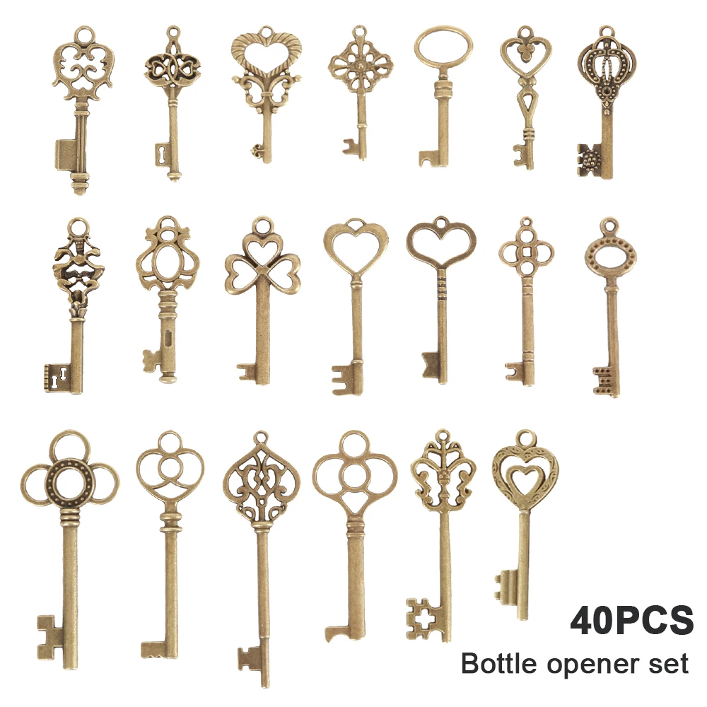 40pcs Key Bottle Opener Copper Color Skeleton Key Beer Opener with Personalized Sticker Cards gift for Wedding Engagement Party