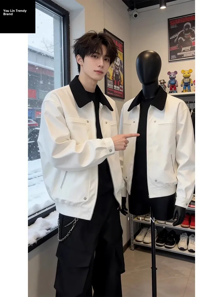 

White Detroit Workwear Jaet Men's ort Sle Baseball Patchwork Collar Outerwear Cleanfit Spring Autumn Warm Polyester Nyl...