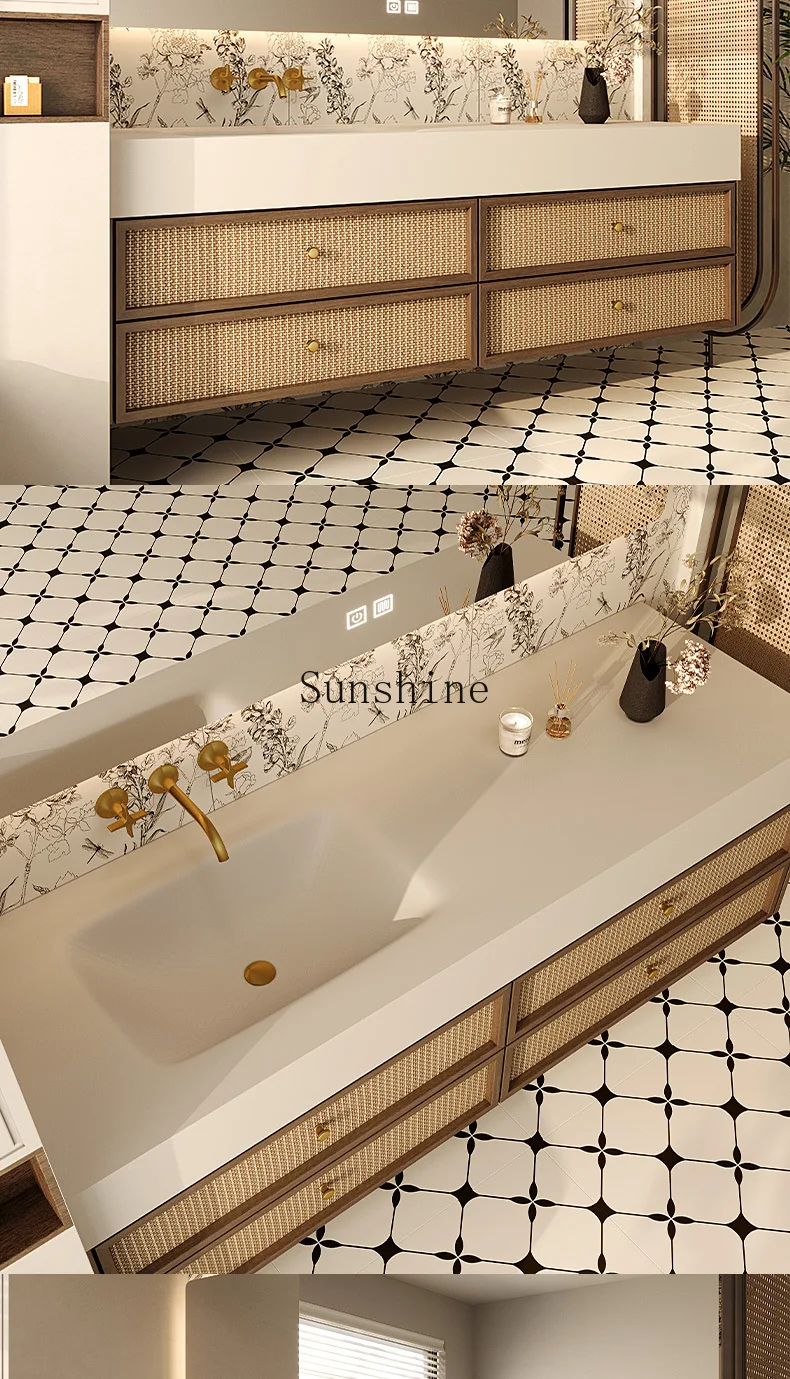 Medieval style log rattan bathroom cabinet combination rock slab hot bending integrated basin bathroom washstand