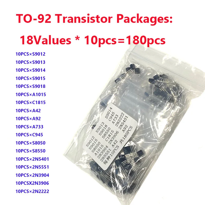 180pcs TO-92 Transistor kit Assort Set 18Values*10PCS PNP NPN Mix Diode Pack  A42 A92 2N2222 C945 9012 9013