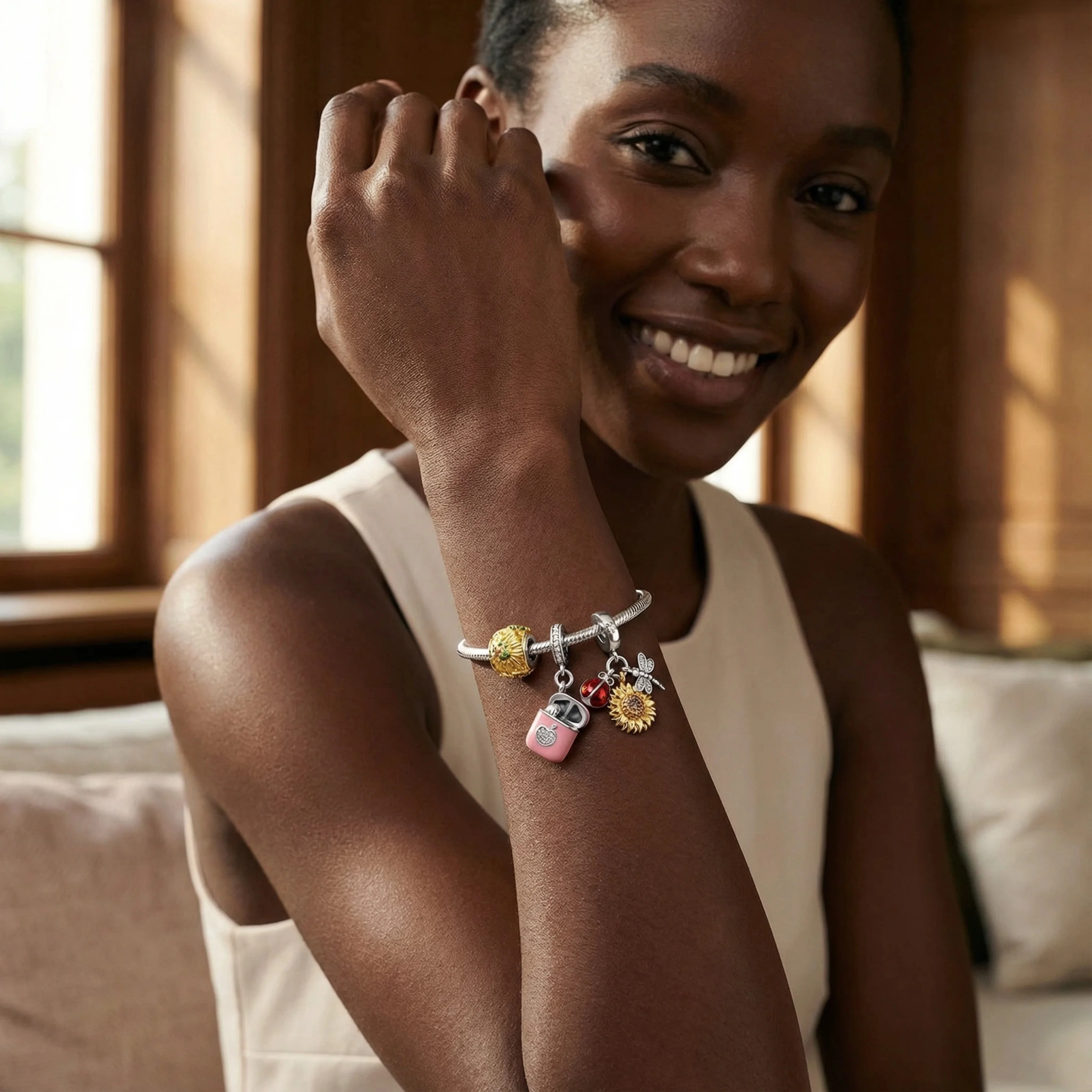 

925 Sterling Silver Beetle Sunflower Charms Pendant with Cubic Zirconia,Fit DIY bracelet necklace Gift for Her,Colgante Plata