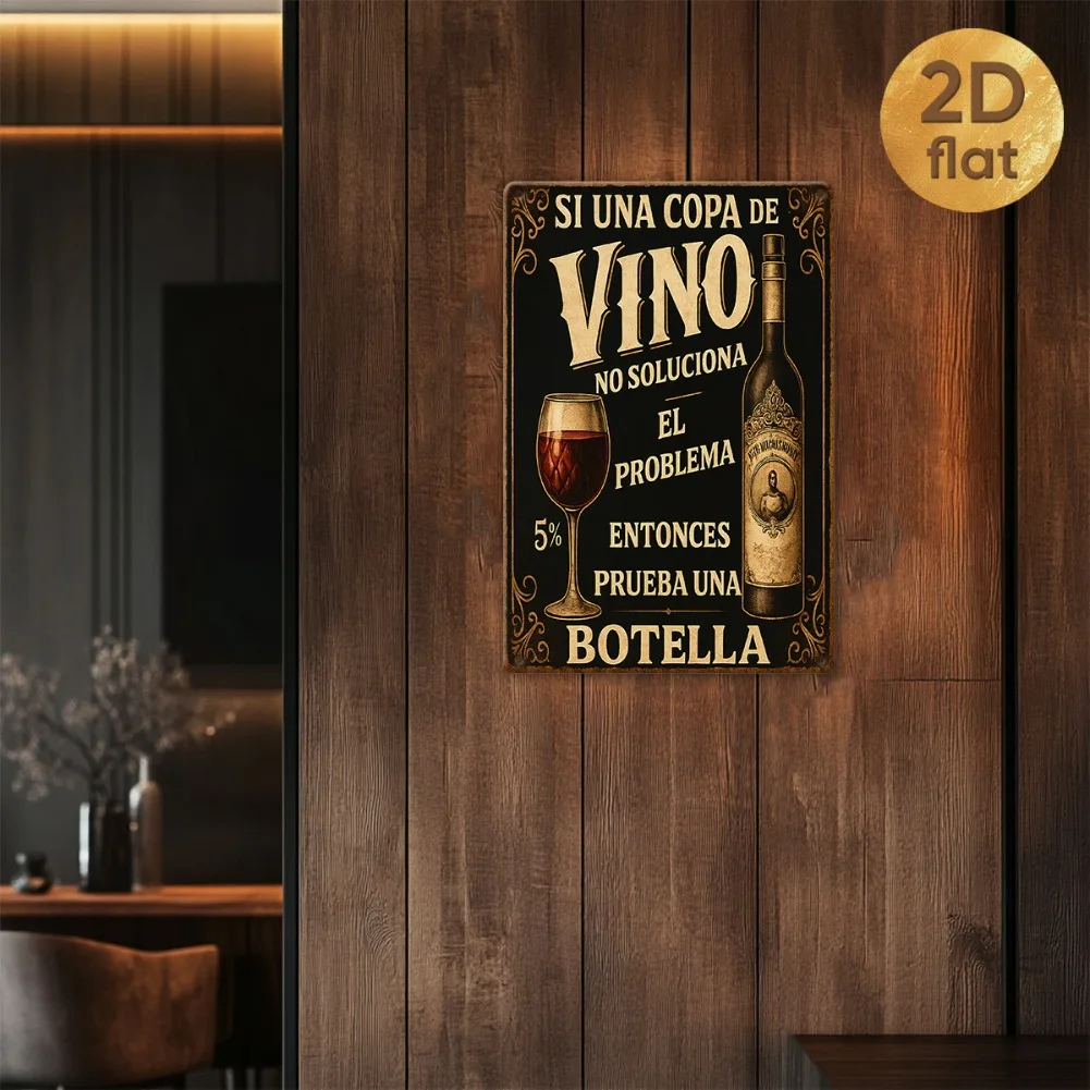 1 قطعة 7.87x11.8 بوصة 2D علامة حائط معدنية مسطحة عتيقة-زجاجة نبيذ ريفية-زجاج "Si Una Copa de Vino" ديكور، المنزل/البار/المطعم #4
