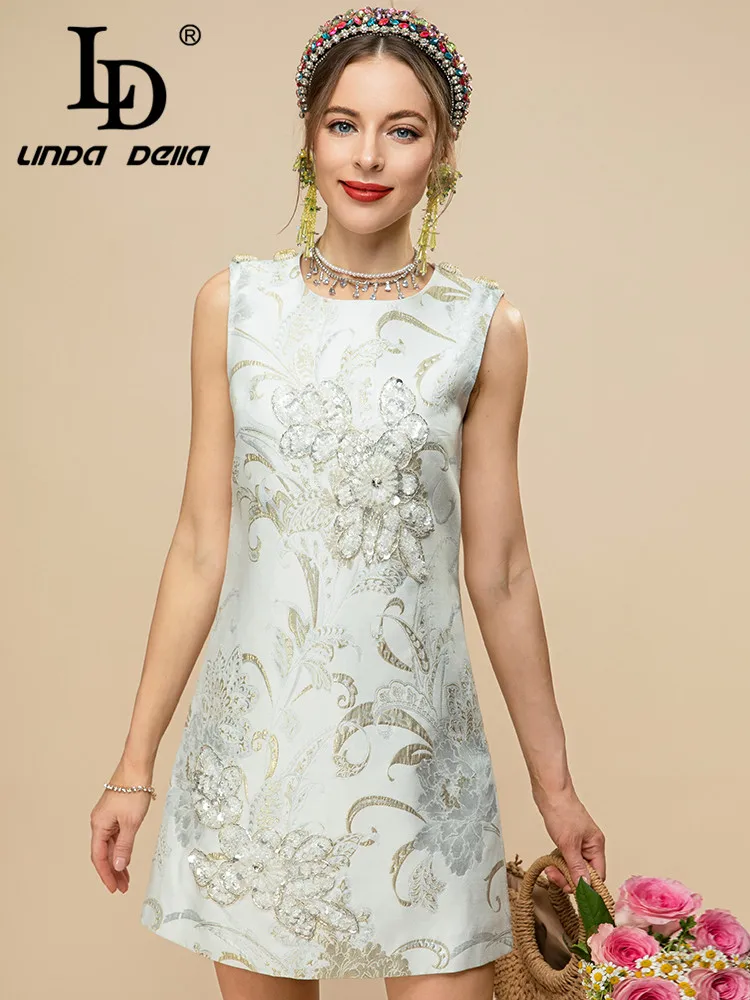 LD LINDA DELLA Designer Summer Fashion Short Tank Dress Sleeveless Luxury Crystal Bead Print Vintage Party Mini Dress