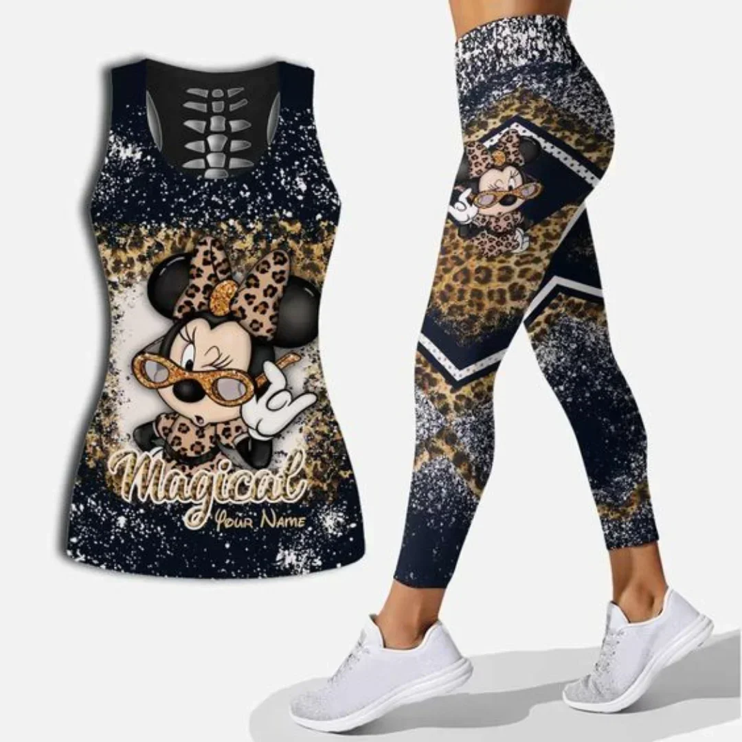 Mickey Mouse Women\'s Hollow Vest Women\'s Leggings Yoga Suit Fitness Leggings Sports Suit Disney Tank Top Legging Set Outfit