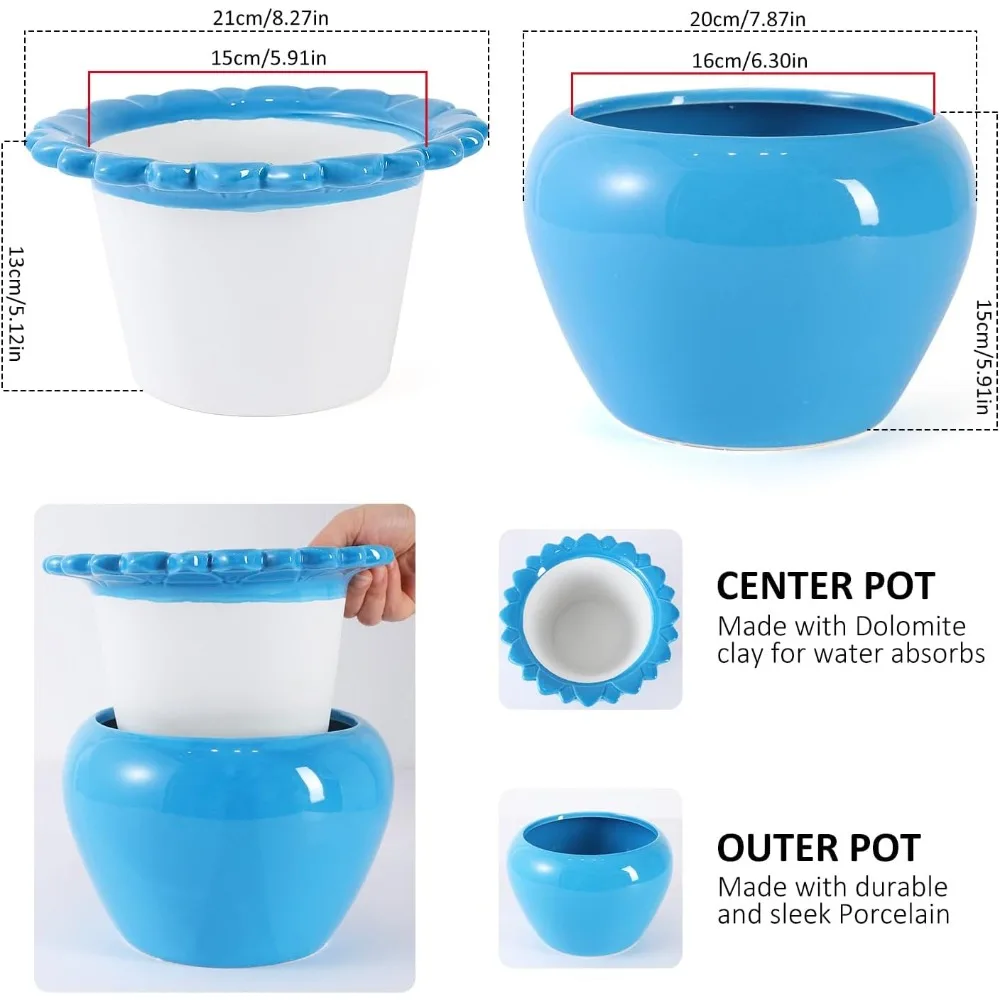 8 Inch Self Watering Ceramic Flowerpot with Absorbing Inner Pot for African Violets Orchids Lawn Yard Decor