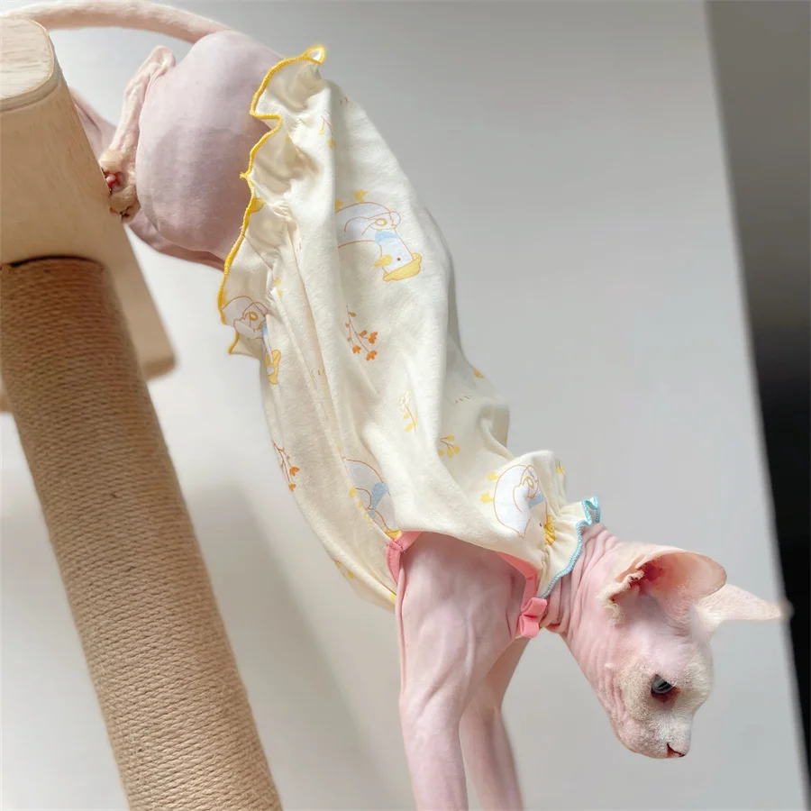 Sweet Cotton Lace Dress for Sphynx Cat Summer Cute Duck Vest for Female Kittens Soft Beige pajamas for Devon Rex T-Shirt for Cat