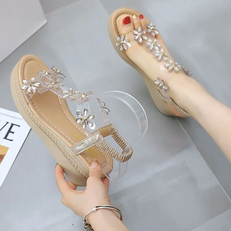 Summer 2024 Footwear Rhinestones Sandals for Women Platform Ladies Shoes Roman Style Transparent Designer Luxury Casual Sandal H