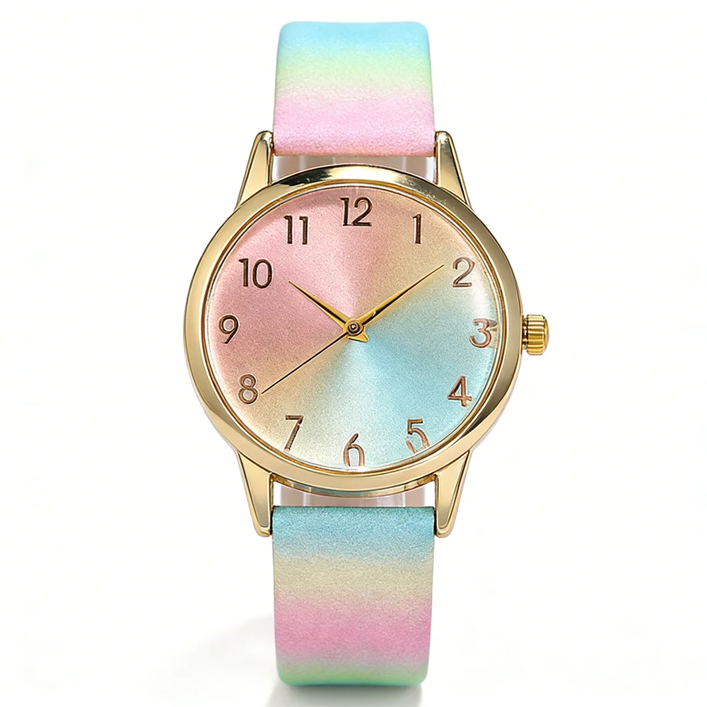 Fashion Women's Gold Gradient Rainbow Watch Pink Blue Dial Leather Strap Quartz Wristwatch
