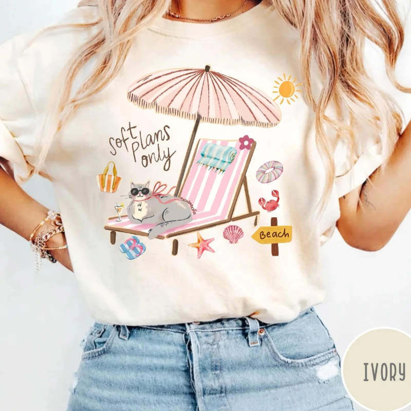Soft Plans Only Comfort Colors® Tee, Cute Beach Cat Shirt, Summer Vacation Graphic Tee,Relaxed Beach Day TShirt