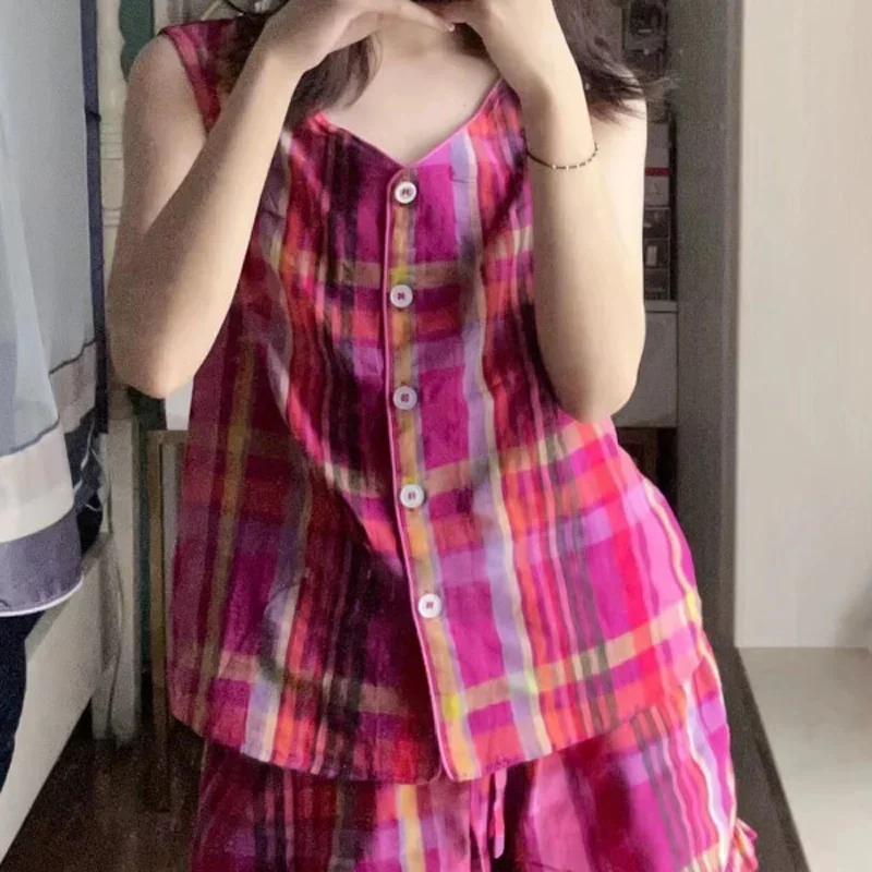 여름 숙녀 잠옷 세트 Ins 컬러 차단 격자 무늬 조끼 잠옷 여성 여름 모델 새로운 민소매 레저 홈 반바지