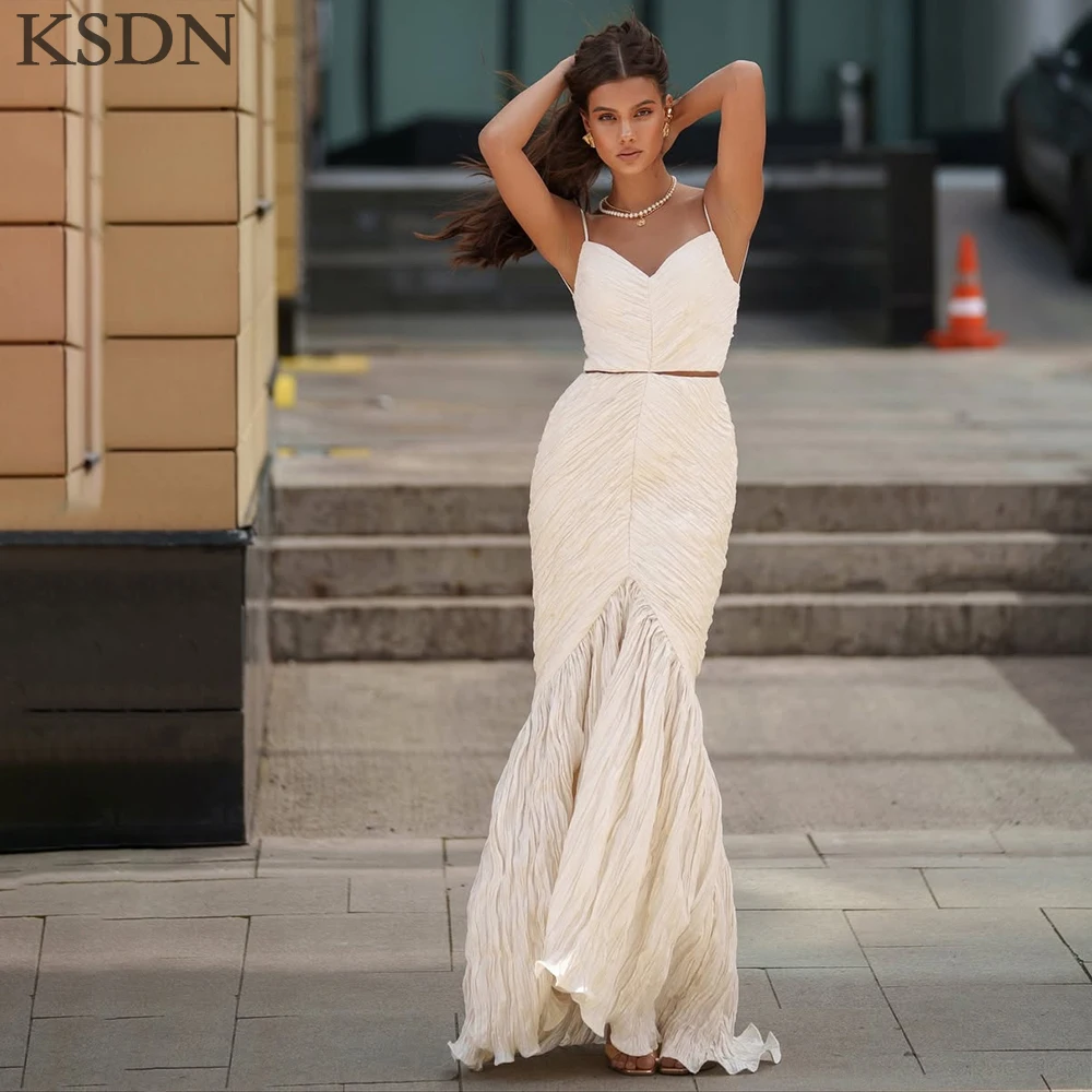KSDN Pretty Women Evening Dresses Pretty Spaghetti Strap Sweep Train Gowns Formal Occasion Pleat Women Long Dress Vestidos