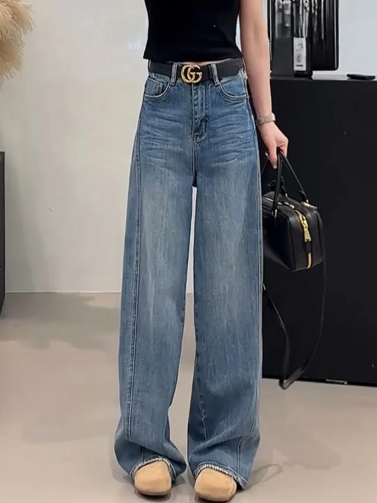 

American High Waist Wide Leg Jeans Women's New Large Size Fat MM Hip Covering Loose Slim Straight Floor-Length Pants