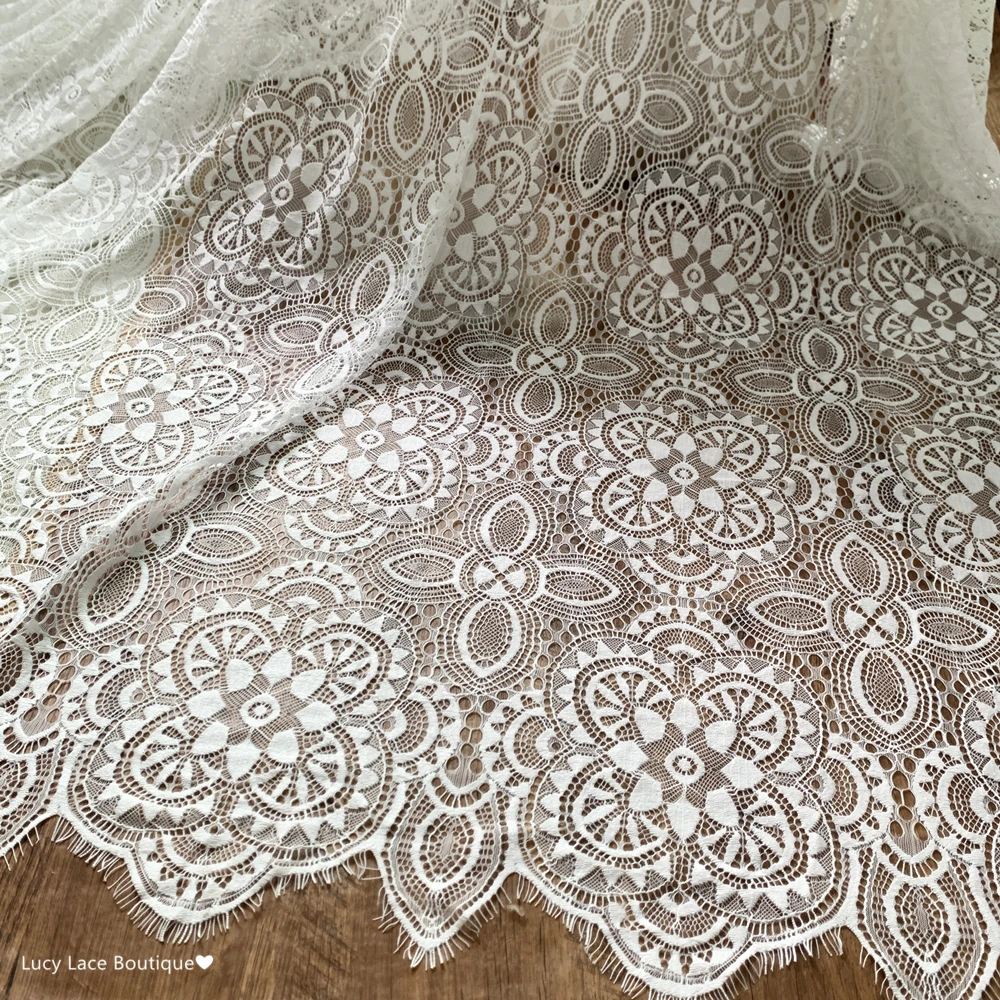 SOFT Quality Geometric Style Eyelash French Lace Fabric Dress Material 1 Piece=1.5x3 Meters Off White Black Color