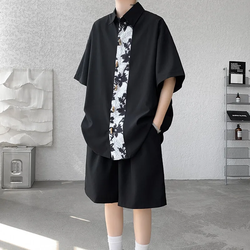Men's Plus Size Summer Print Patchwork 2-Piece Outfit Trendy Oversized Shirt And Elastic Waist Shorts Set Breathable Streetwear