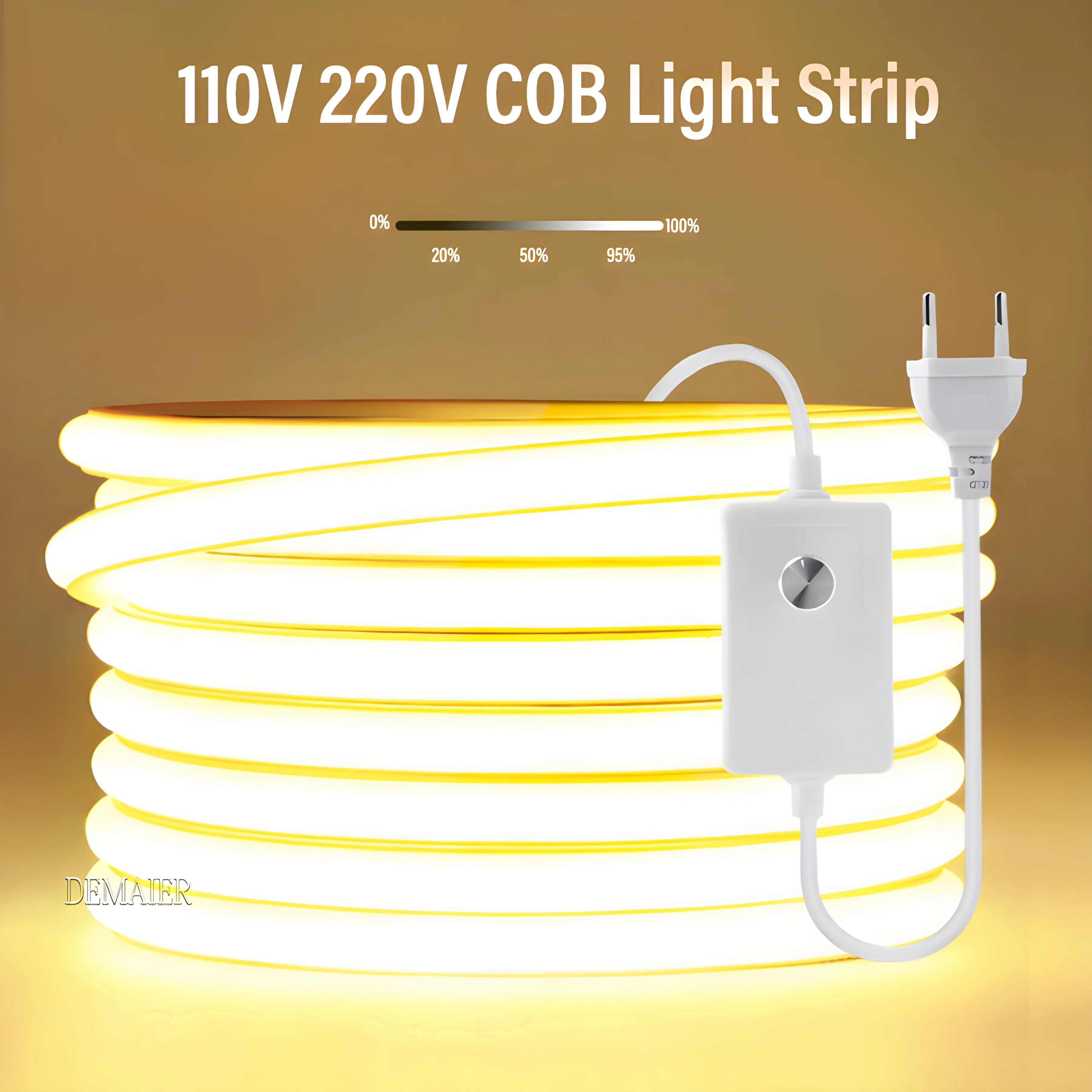 

110V 220V Super Bright Cob LED Strip Light Dimming With EU US Power Supply Switch 360 LEDS/m 3000k waterproof Warm/Neutral/White