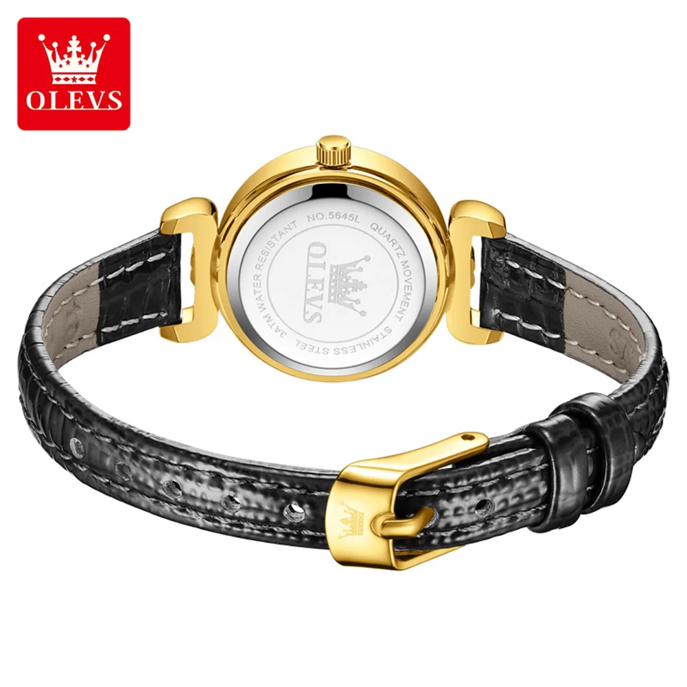 OLEVS 5645 Retro Quartz Wristwatch For Women Leather Strap Elegant Fashion Waterproof Watches Luxury Gold Case Ladies Watches