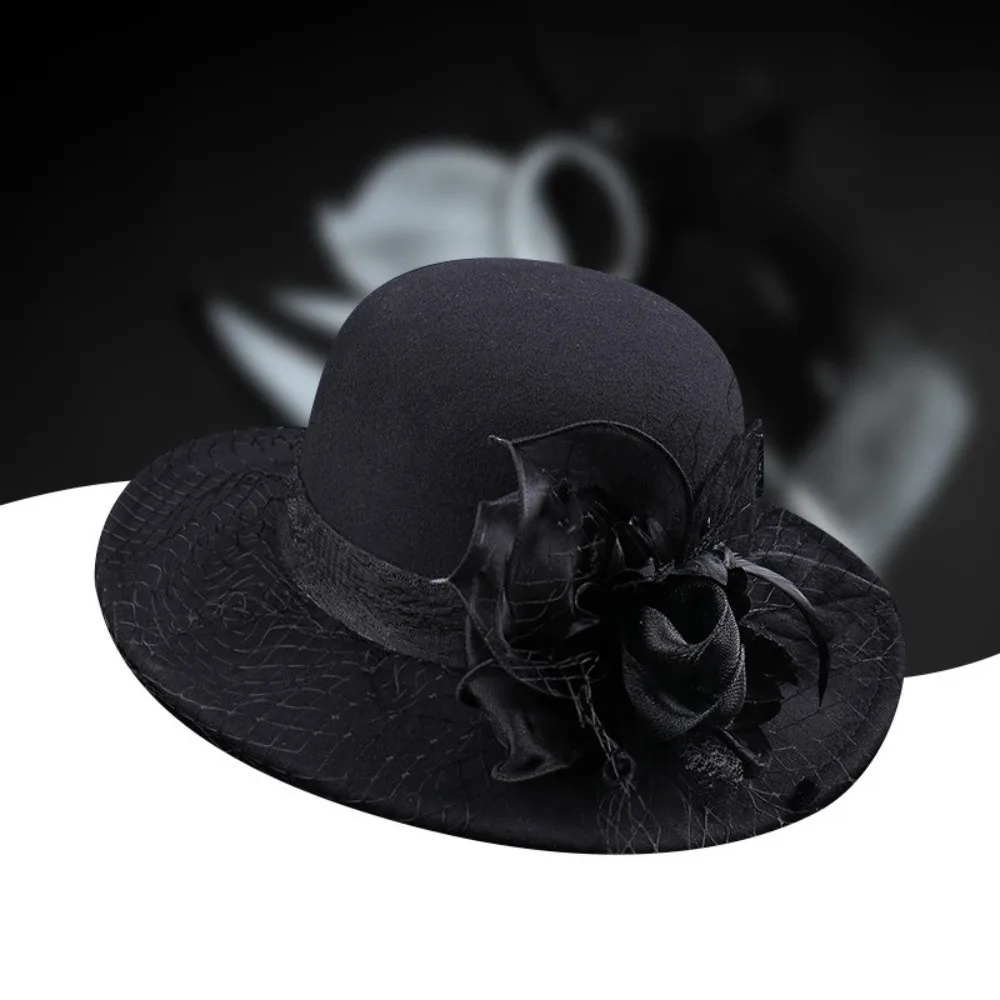 Retro Large Brim Felt Hat Mesh Flower Vintage-Style Party Hat Solid Color Banquet Top Hat Women