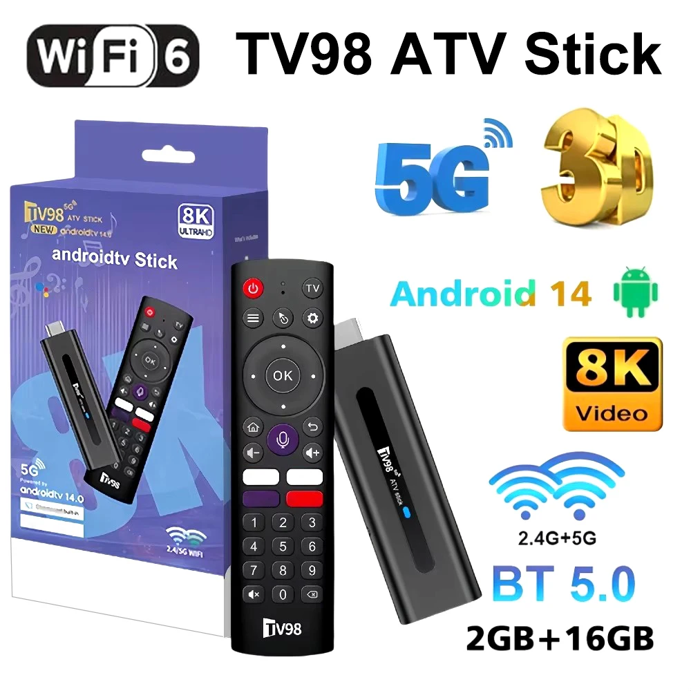 جهاز تلفاز ذكي TV98 ATV ، أندرويد 14 ، Allwinner H618 ، 2 جيجابايت ، 16 جيجابايت ، G ، 5G ، WiFi ، مشغل دعم OTA ، مشغل 4K ، BT5.0 ، جهاز التحكم الصوتي عن بعد ، 8K