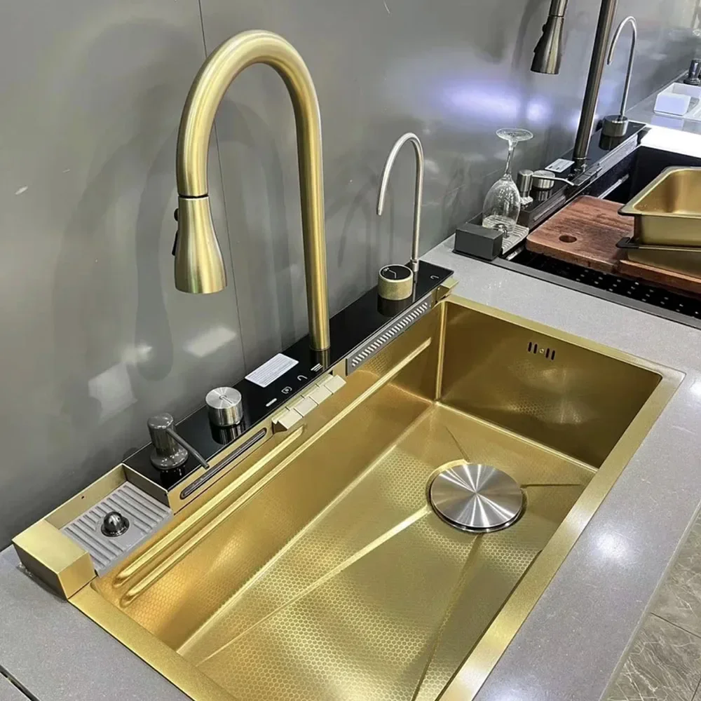 Gold SUS smart kitchen sink nano stainless steel hand made kitchen sink waterfall kitchen sink with digital display