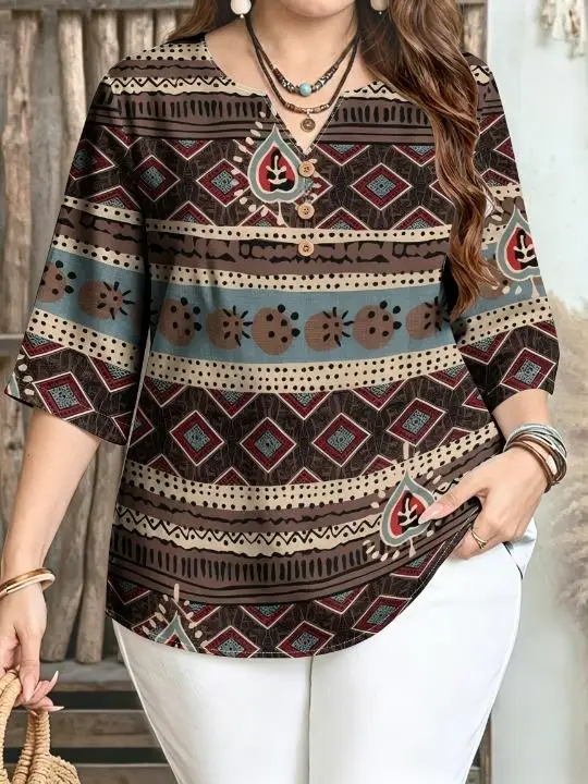 Women Ethnic Tribal Ink Art Geometric Butterfly Floral All‑Over Print Blouse For Curvy Figures Notched Neck 3/4 Sleeve Tops