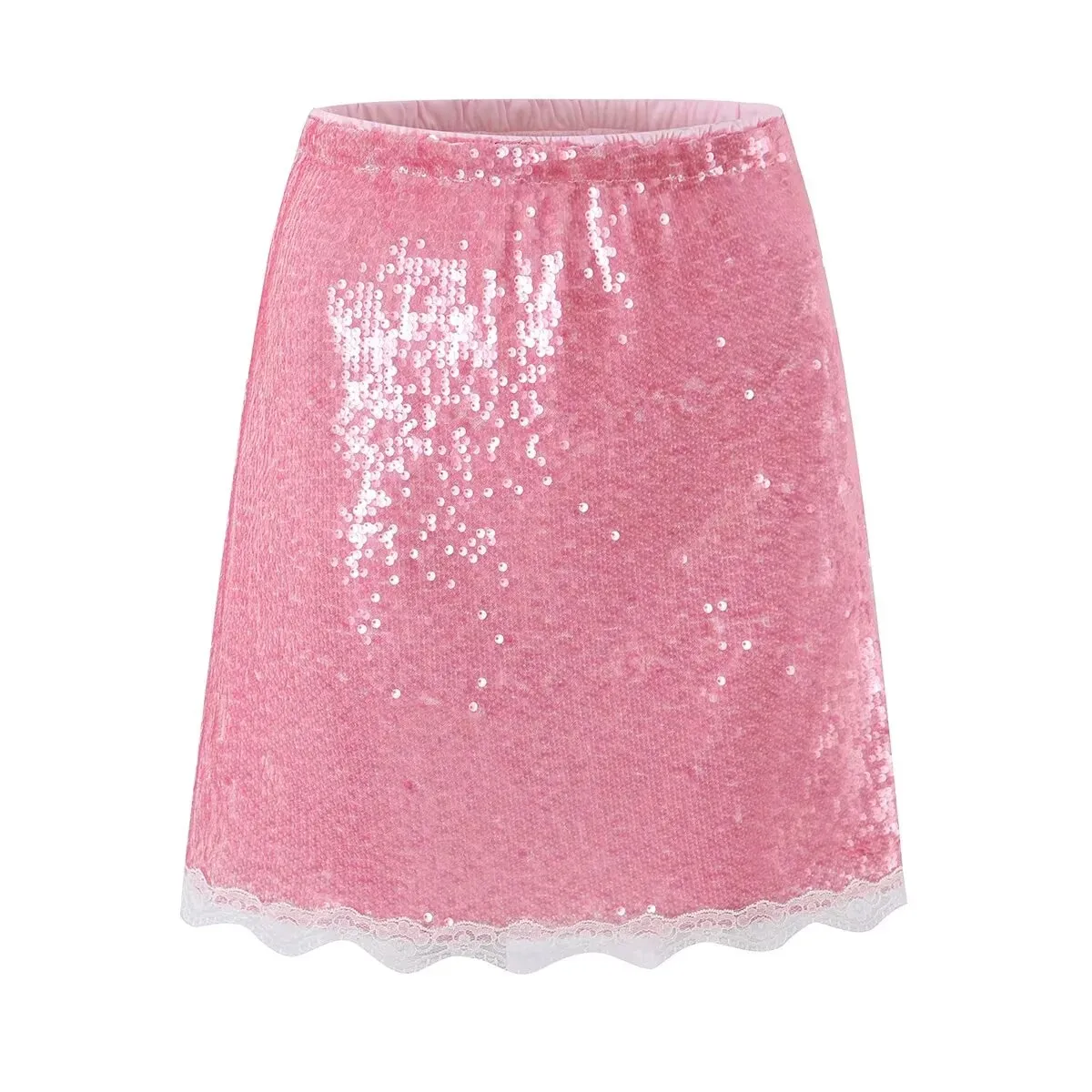 2026 new summer women's French retro pure lust style lace stitching elastic waist sequin decorated A-line hip skirt