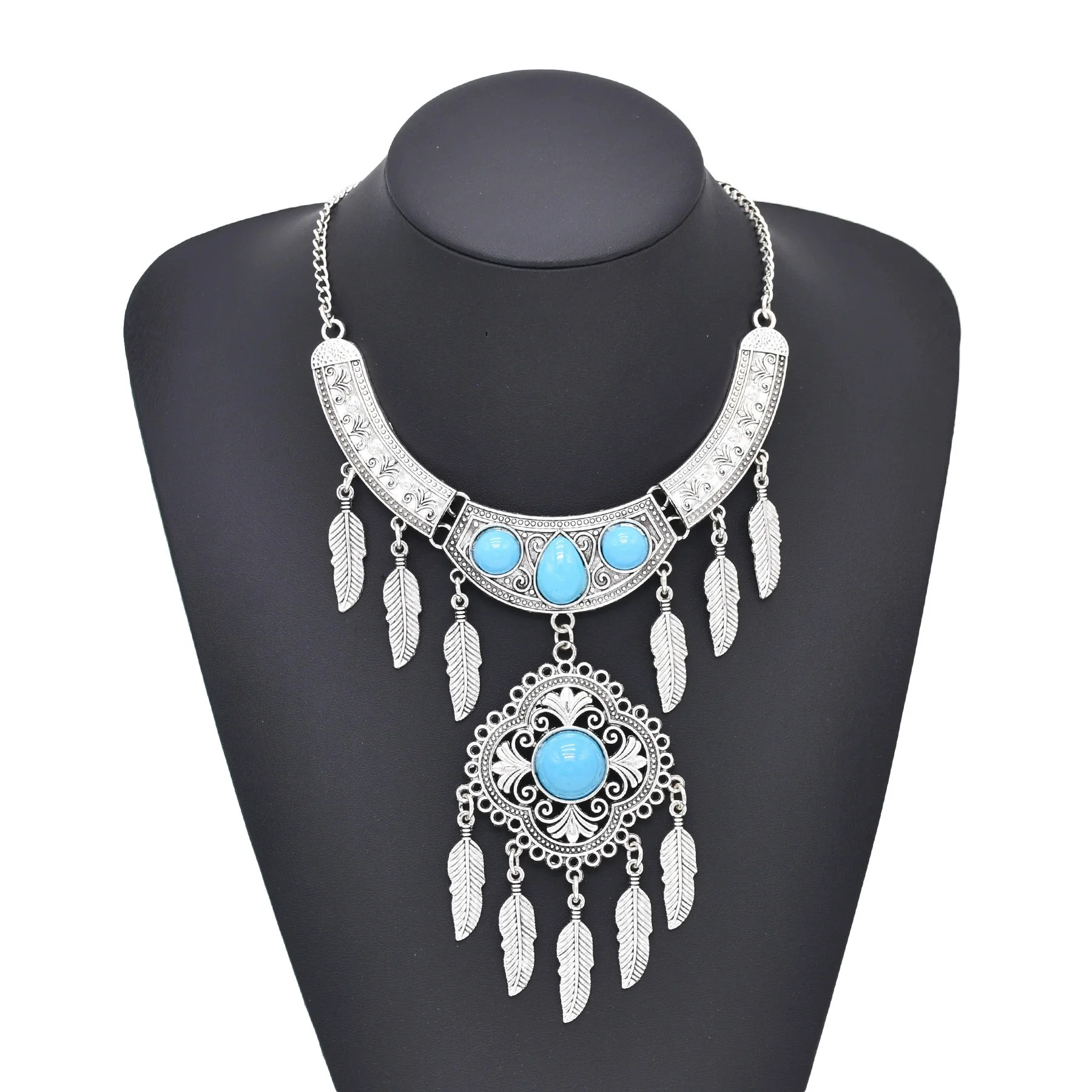Boho Vintage Silver Imitation Turquoise Bib Necklaces Coins Pendant Women Gypsy Choker Collar Statement Ethnic Jewelry Accessory